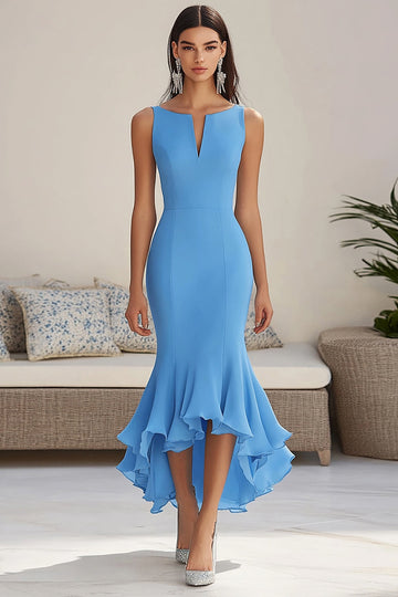 Robe formelle asymétrique bleu sirène à volants